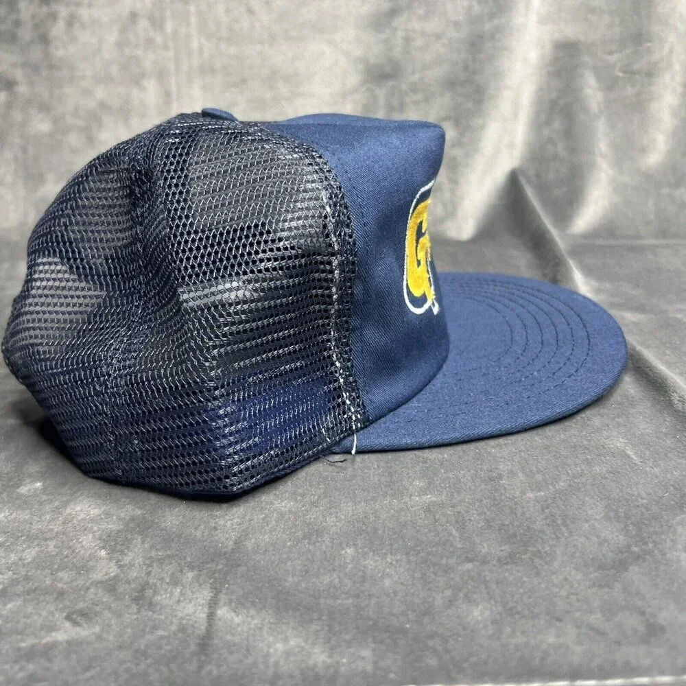 Vintage Trucker Hat 90s Mesh Back Snapback Navy Blue Yellow Transportation